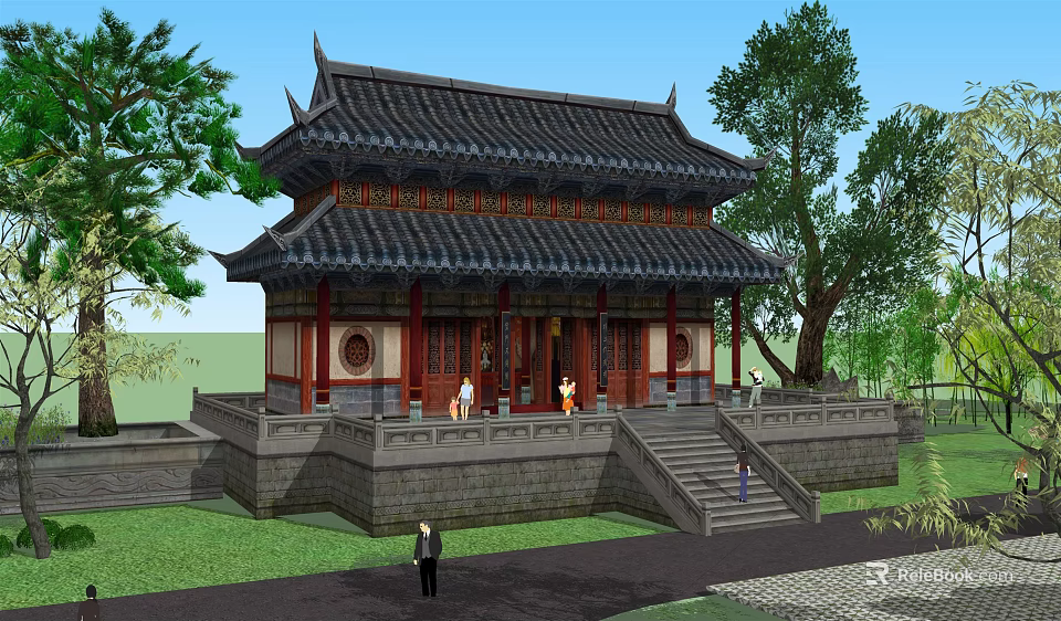 Traditional Ancient Chinese Architecture With Two Story Black Tiled Roof Red Pillars And Stone Steps 3d model 