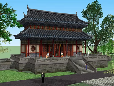 Traditional Ancient Chinese Architecture With Two Story Black Tiled Roof Red Pillars And Stone Steps 3d model