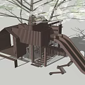 Wooden Treehouse Play Structure With Slide Swing And Children's Play Area