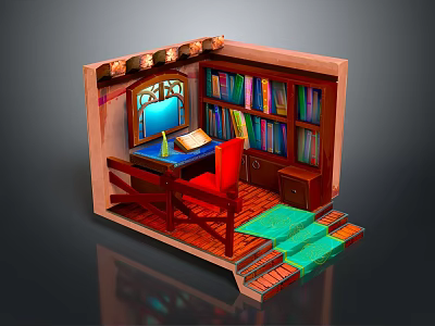 Cozy Reading Nook Interior With Wooden Desk Red Chair Colorful Bookshelves And Green Steps 3d model