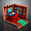 Cozy Reading Nook Interior With Wooden Desk Red Chair Colorful Bookshelves And Green Steps