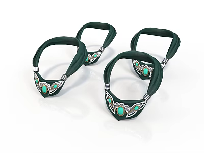 Four Green Fabric Bracelets With Silver Decorations And Green Gemstones 3d model