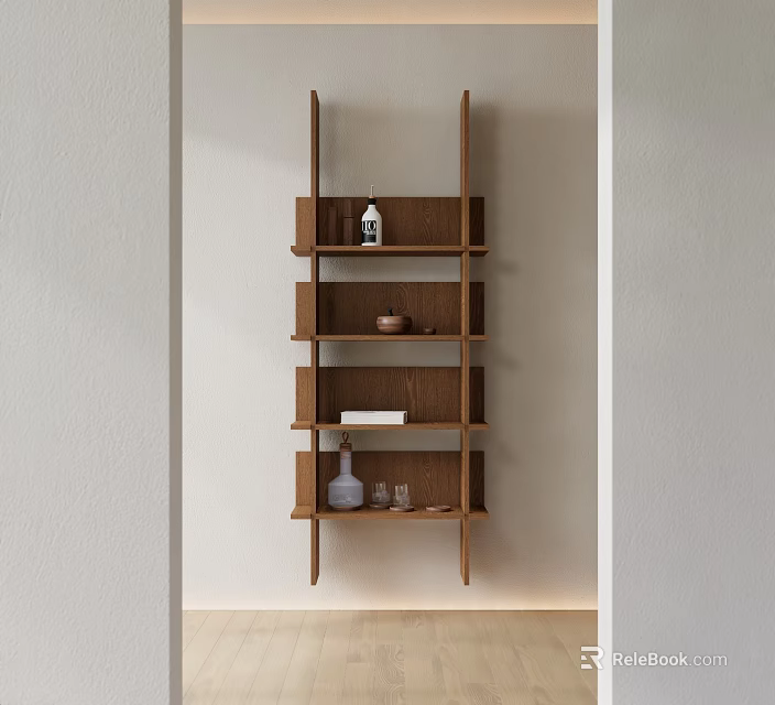 Modern Minimalist Wall Mounted Multi Tiered Wooden Storage Shelf With Decorative Items 3d model 