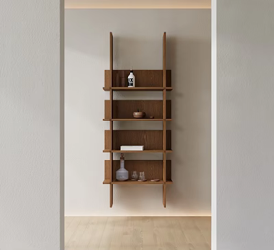 Modern Minimalist Wall Mounted Multi Tiered Wooden Storage Shelf With Decorative Items 3d model