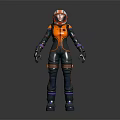 Astronaut In Orange Black Spacesuit With Helmet Standing On Dark Reflective Floor