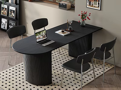 Modern Black Dining Table Set With Cylindrical Legs Four Chairs And Red Flower Vase 3d model