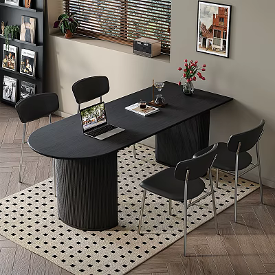 Modern Black Dining Table Set With Cylindrical Legs Four Chairs And Red Flower Vase 3d model