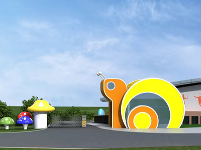 Colorful Snail Shaped Entrance Gate With Mushroom Decorations And Green Lawn 3d model