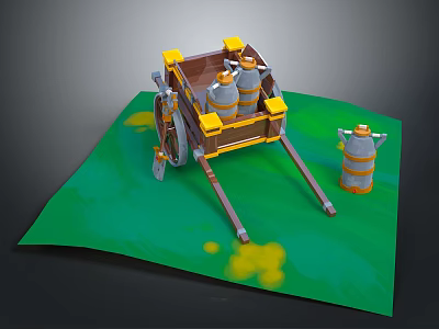 Cart With Barrels On Green Surface Featuring Yellow Trim And Silver Containers 3d model