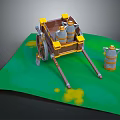 Cart With Barrels On Green Surface Featuring Yellow Trim And Silver Containers