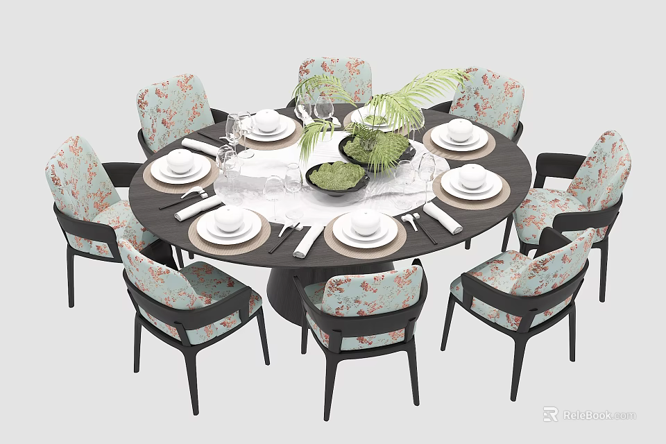 Elegant Round Dining Table Set With Patterned Chairs White Tableware And Green Plant 3d model