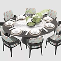 Elegant Round Dining Table Set With Patterned Chairs White Tableware And Green Plant 3d model