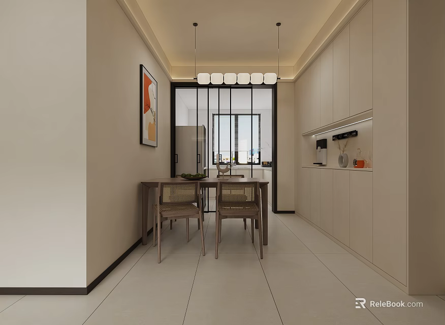 Modern Dining Living Room Interior With Dining Table Chairs Cabinets And Pendant Lights 3d model 