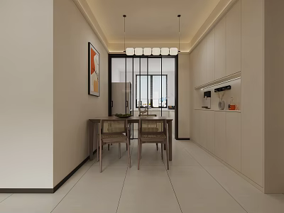 Modern Dining Living Room Interior With Dining Table Chairs Cabinets And Pendant Lights 3d model