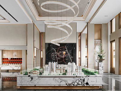 Elegant Sales Office Lobby Featuring Modern Building Model Marble Display Stand And Spiral Chandelier 3d model