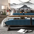 New Chinese Background Double Bed Double Bed Combination 3d model