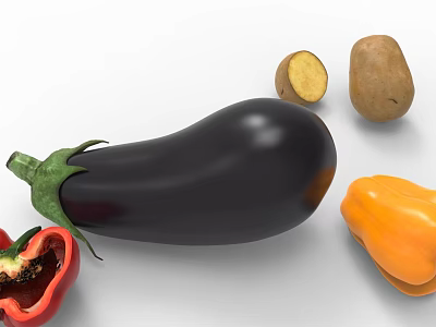 Colorful Fresh Vegetables Featuring Eggplant Potato Red And Yellow Bell Peppers 3d model