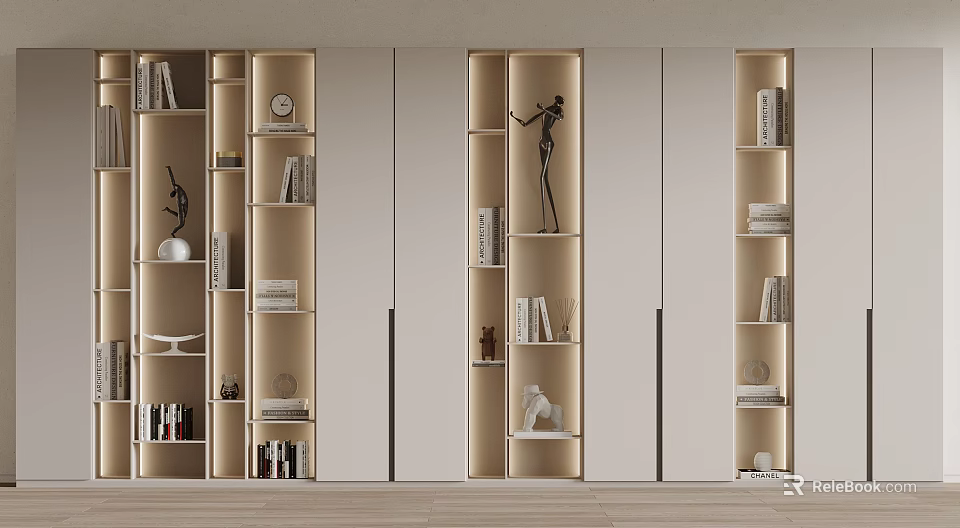 Elegant Modern Bookcase Interior With Open Shelves Books Decorative Sculptures And Clock 3d model 
