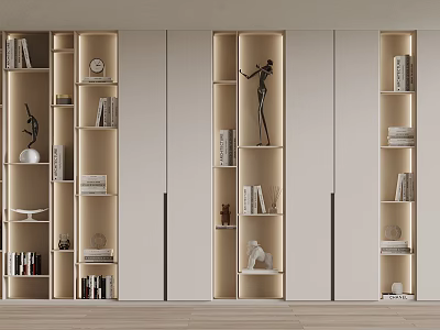 Elegant Modern Bookcase Interior With Open Shelves Books Decorative Sculptures And Clock 3d model