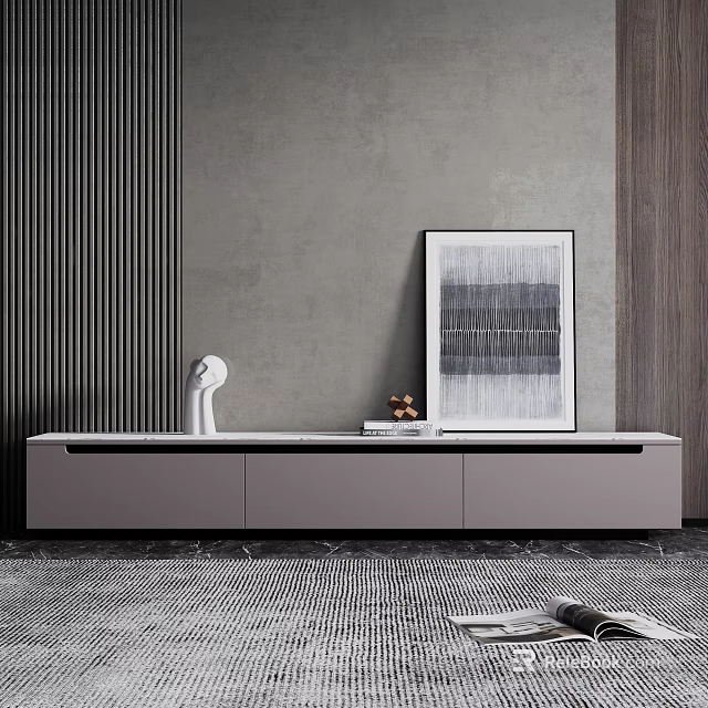 Modern TV Stand Interior Design With White Sculpture Abstract Painting And Vertical Striped Wooden Wall 3d model 