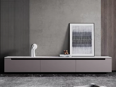Modern TV Stand Interior Design With White Sculpture Abstract Painting And Vertical Striped Wooden Wall 3d model