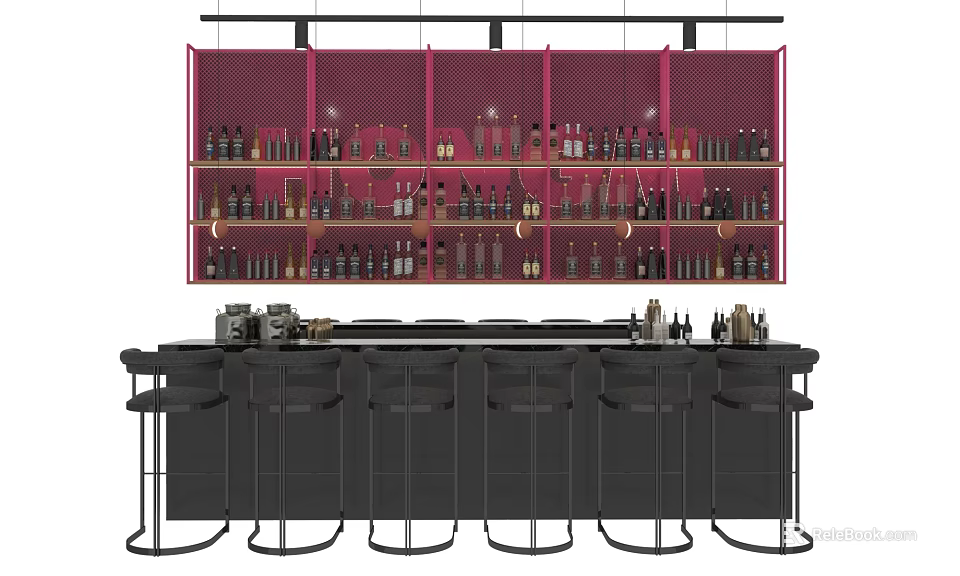 Elegant Bar Interior Featuring Red Wine Rack With Wine Bottles And Black Stools 3d model