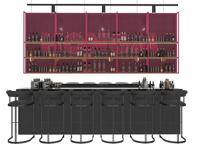 Elegant Bar Interior Featuring Red Wine Rack With Wine Bottles And Black Stools 3d model