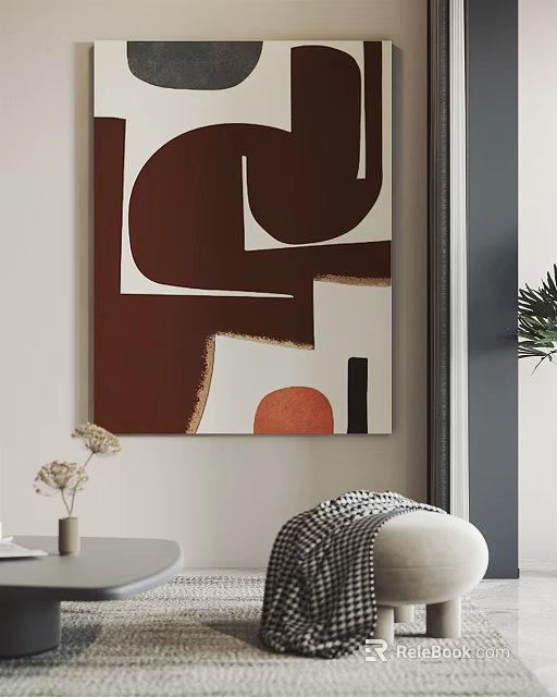 Abstract Brown White Orange Painting In Modern Interior With Dried Flowers And Cushion Chair 3d model 