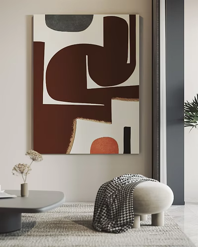 Abstract Brown White Orange Painting In Modern Interior With Dried Flowers And Cushion Chair 3d model