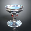Silver Decorative Metal Tray with Intricate Base Design and Red Accents