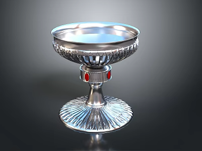 Silver Decorative Metal Tray with Intricate Base Design and Red Accents 3d model