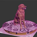 Golden Retriever Dog Sitting On Round Mat With Gear Patterns Against Black Background