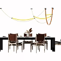 Modern Dining Table Set With Six Brown Chairs White Tabletop Hanging Chandelier And Tableware 3d model