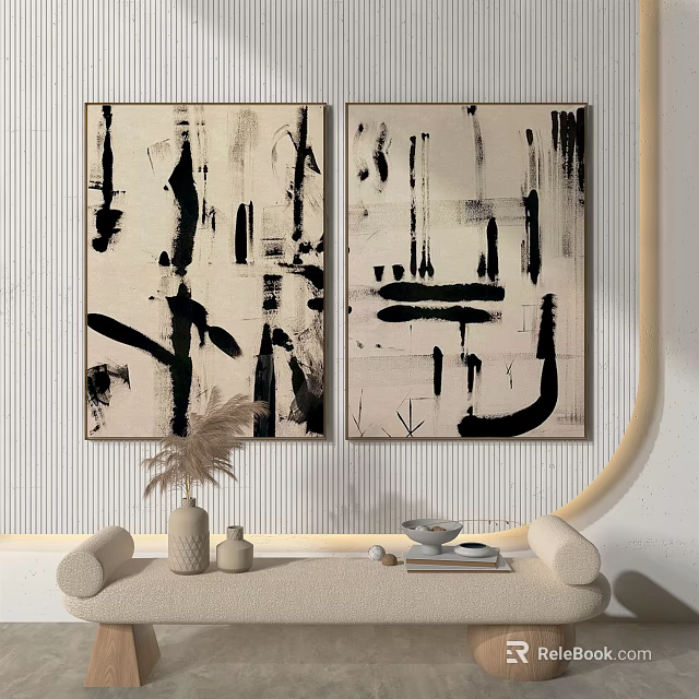 Abstract Paintings With Black Brushstrokes On Neutral Background In Modern Living Room 3d model 