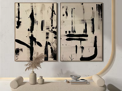 Abstract Paintings With Black Brushstrokes On Neutral Background In Modern Living Room 3d model