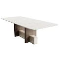 Modern Dining Table With White Marble Tabletop And Dark Wooden Block Legs