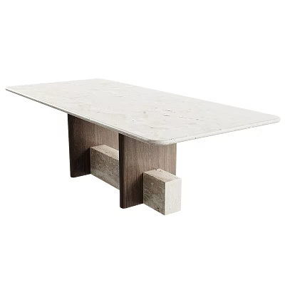 Modern Dining Table With White Marble Tabletop And Dark Wooden Block Legs 3d model