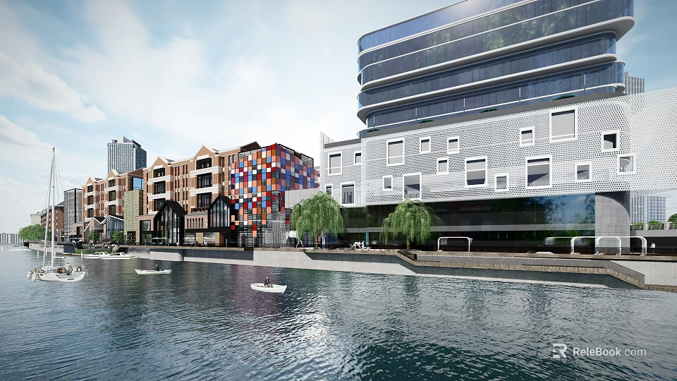 Commercial Landscape Featuring Modern Colorful Cube Buildings Along Waterfront River With Small Boats And Trees 3d model 