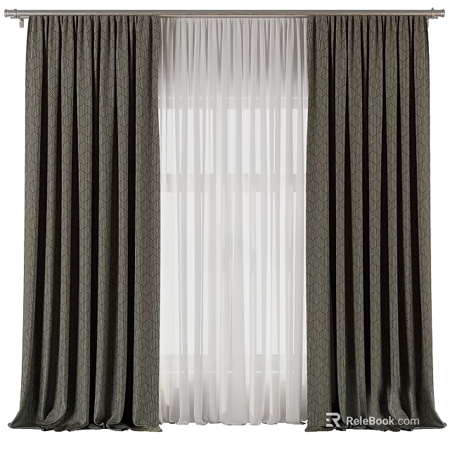 Dark Textured Curtains With White Sheer Panels For Home Window Decor 3d model 