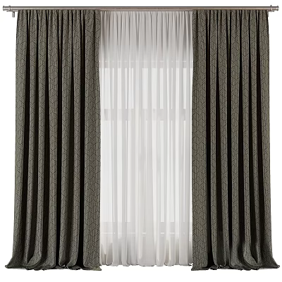 Dark Textured Curtains With White Sheer Panels For Home Window Decor 3d model