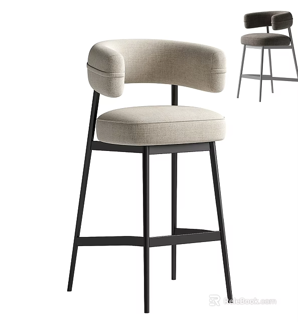 Modern Beige Upholstered Bar Stool With Padded Back And Black Frame 3d model 