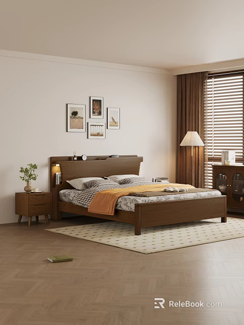Modern Bedroom Interior with Wooden Double Bed Headboard Nightstand Table Lamp Decorative Paintings and Blinds 3d model 