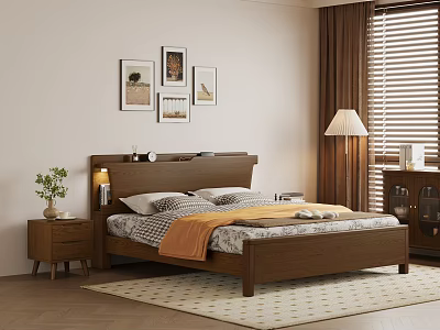 Modern Bedroom Interior with Wooden Double Bed Headboard Nightstand Table Lamp Decorative Paintings and Blinds 3d model