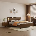 Modern Bedroom Interior with Wooden Double Bed Headboard Nightstand Table Lamp Decorative Paintings and Blinds