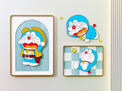 Doraemon Themed Photo Wall Design With Various Poses Stars And Framed Decorative Art 3d model