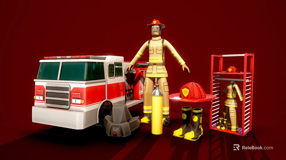 Firefighter Themed Decorative Ornament Set With Firefighter Figure Fire Truck Helmet Boots And Display Rack 3d model 