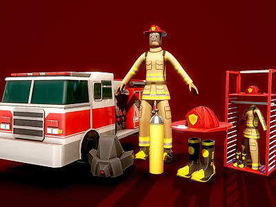 Firefighter Themed Decorative Ornament Set With Firefighter Figure Fire Truck Helmet Boots And Display Rack 3d model