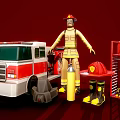 Firefighter Themed Decorative Ornament Set With Firefighter Figure Fire Truck Helmet Boots And Display Rack