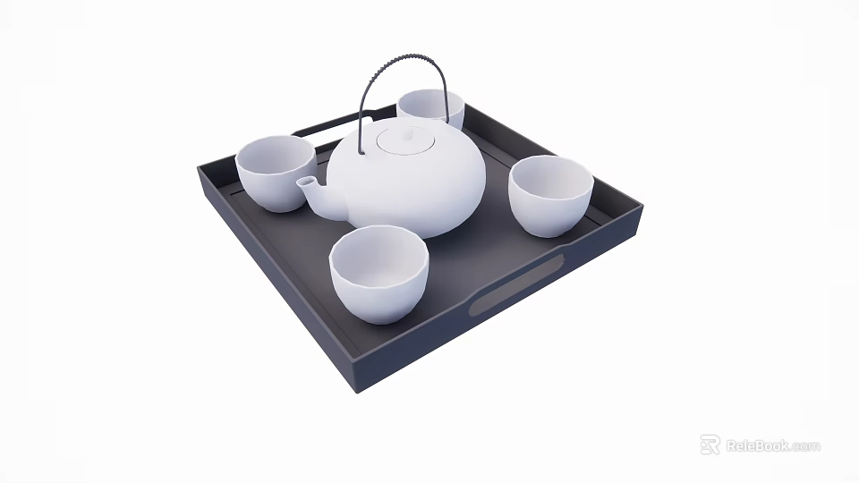 Modern Table and Chair Set with Black Tray White Teapot and Four Cups 3d model 