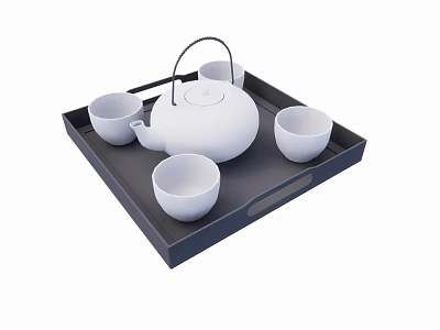 Modern Table and Chair Set with Black Tray White Teapot and Four Cups 3d model